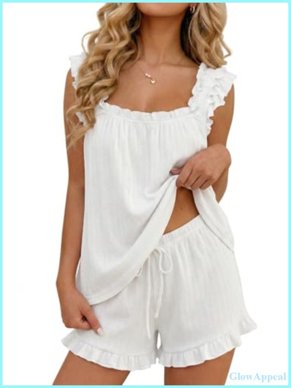 100% Cotton Pajama Set Ruffle Tank Top Shorts Sleepwear Lounge